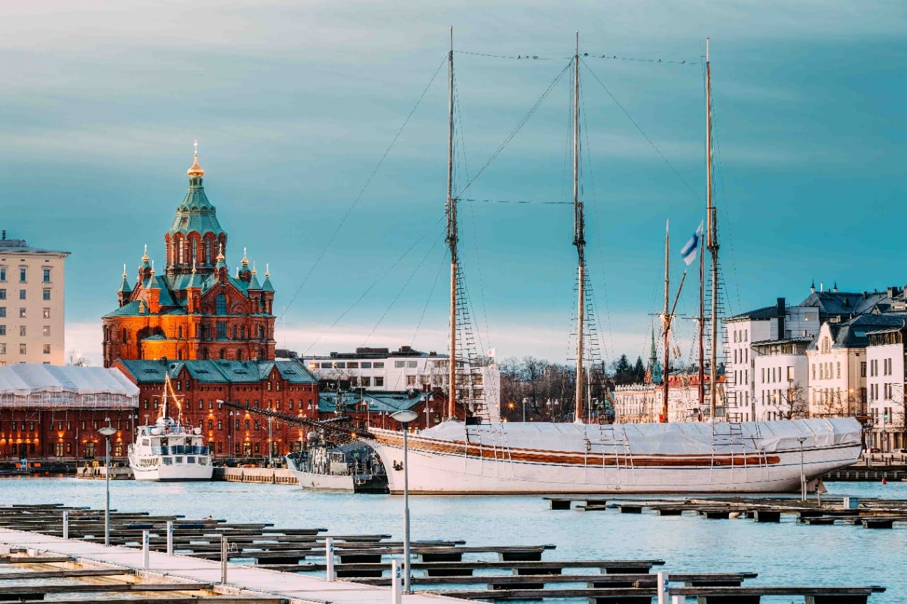 Helsinki, Finland. Evening View Of Uspenski Cathedral From Pier